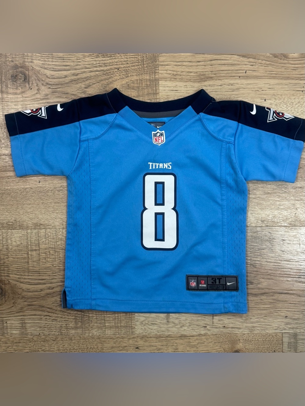 Nike Titans Youth #8 Blue Football Jersey with Black Accents